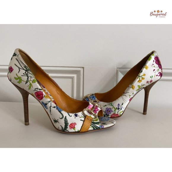 Authentic GUCCI Botanical Floral Satin & Karung Horsebit Peep Toe Pumps Size 7.5 - Picture 12 of 14